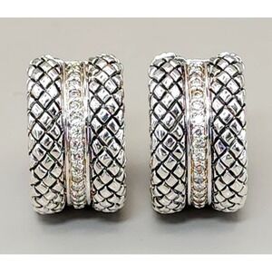 SK Scott Kay Sterling Silver Diamond Hoop Earrings Basket Weave 14mm Wide‎ 23mm